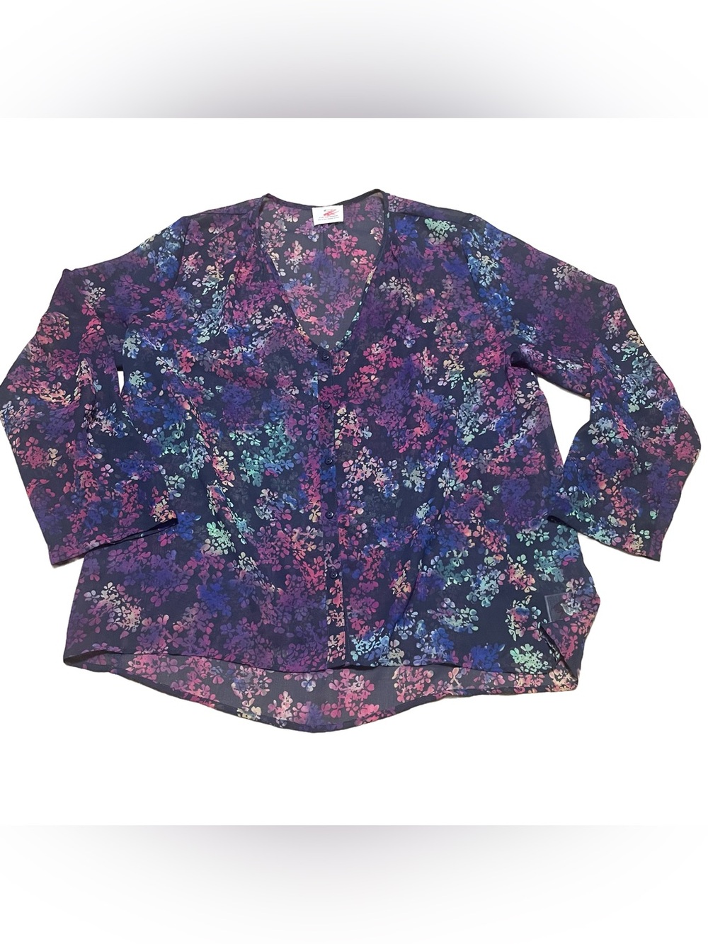 Pins & Needles Sheer Purple and Navy Multi Floral V-Neck Blouse